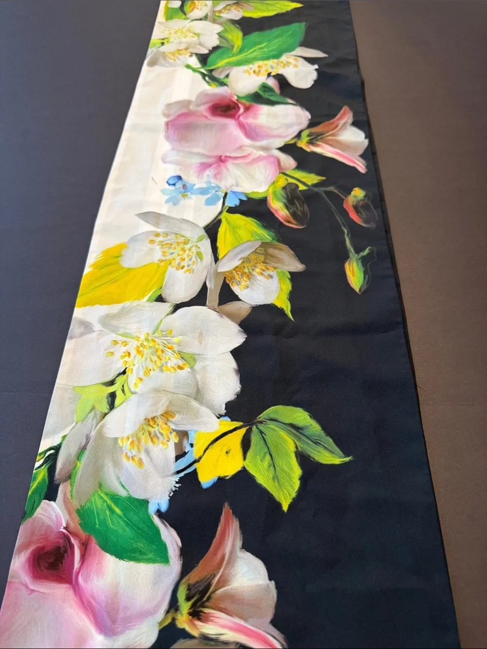 Ted Baker Black Floral Silk Scarf Runner with Pink White Yellow Green Accents